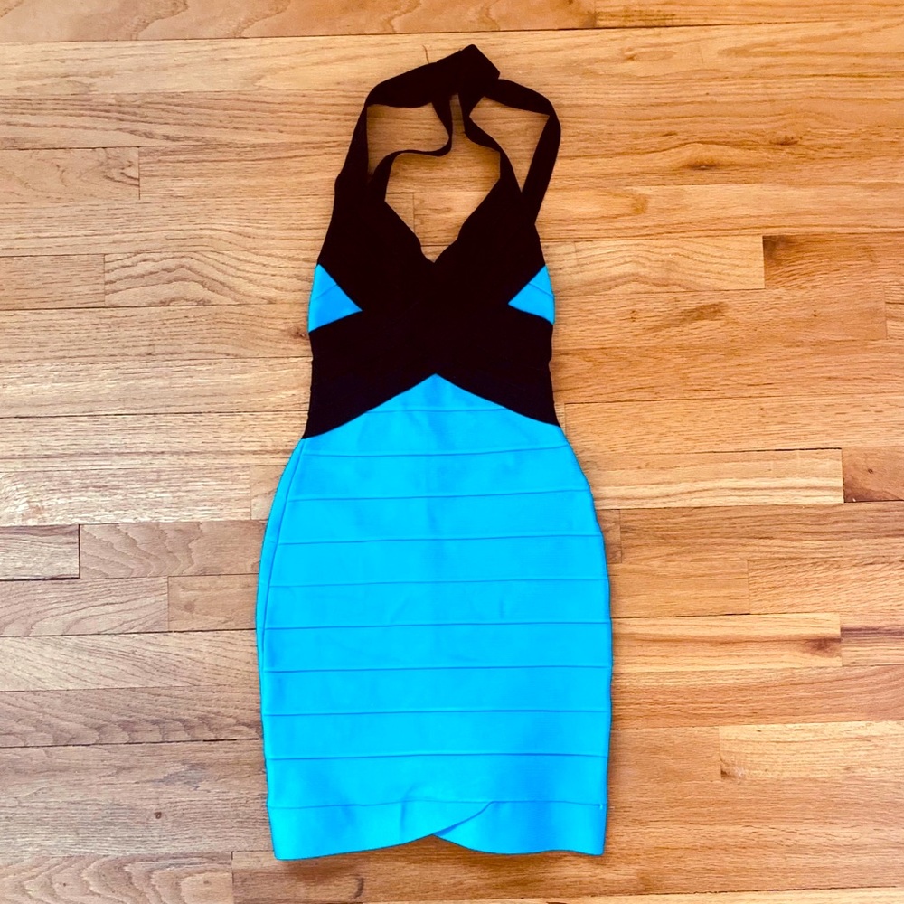 Herve Leger turquoise and black bandage dress